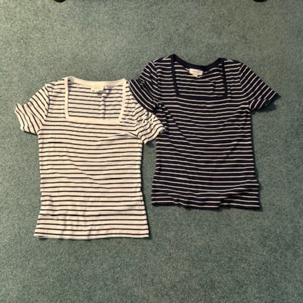 TWO - On 34th Women’s Ribbed  Striped Short Sleeve Tops - Small